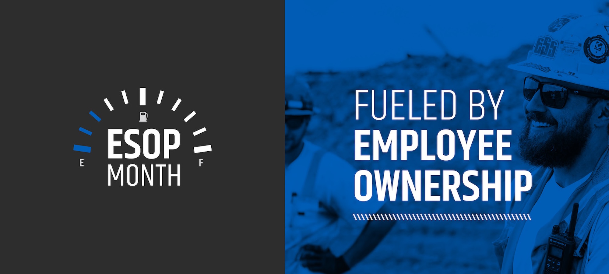 A graphic for ESOP Month features a photo of a smiling construction worker overlayed with the title 