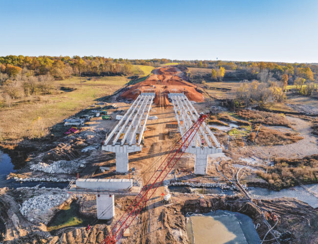 aeriel view of an active, two bridge, construction site