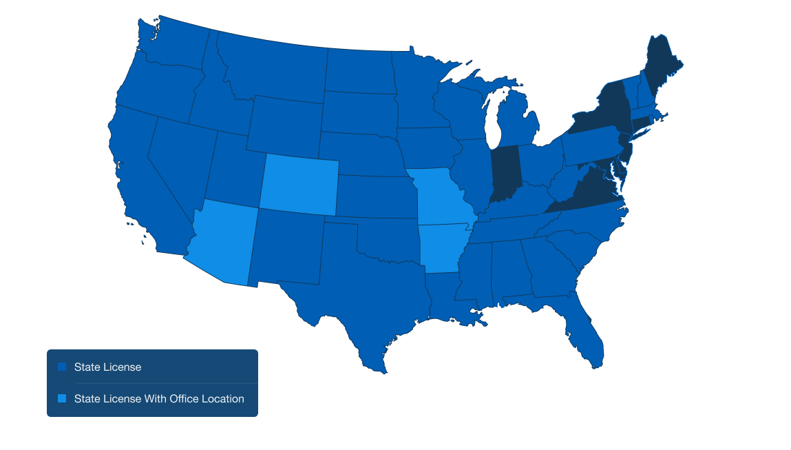 map of continental United States with Arizona, Colorado, Missouri, and Kansas filled in to show state license with office location