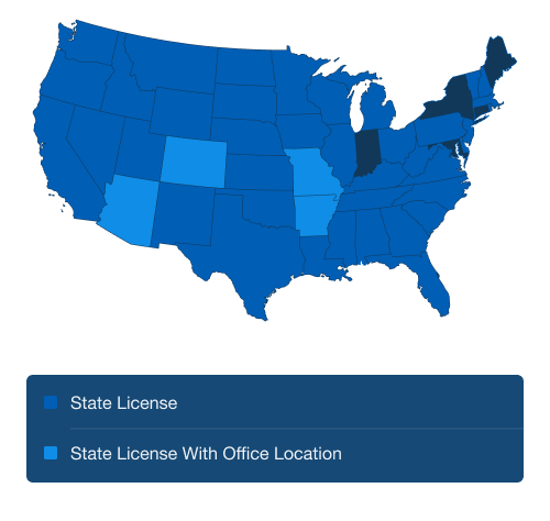 map of continental United States with Arizona, Colorado, Missouri, and Kansas filled in to show state license with office location